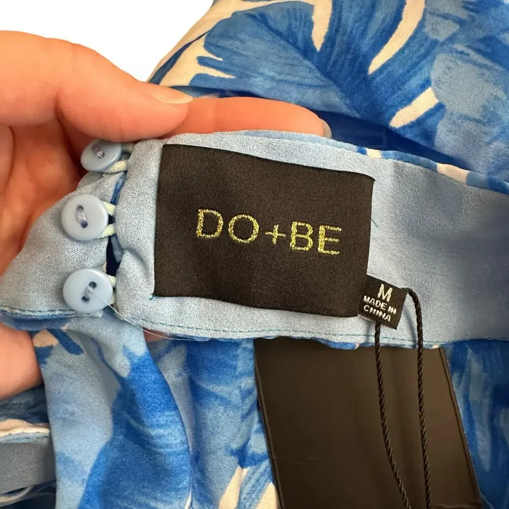 DO+BE NWT Tropical Halter Mini Dress Blue White Leaf Print Back Tie Medium - Picture 2 of 11
